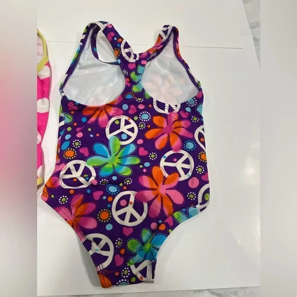 Speedo/Circo  Purple Peace Sign And Flowers T Back One Piece - Size 6/ 2 pcs set